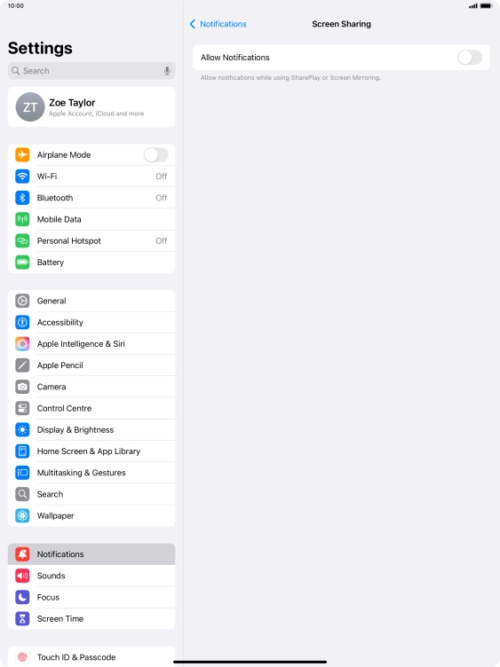 Press the indicator next to 'Allow Notifications' to turn the function on or off. Press the indicator next to 'Allow Notifications' to turn the function on or off.