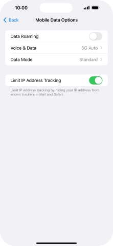 Press the indicator next to 'Data Roaming' to turn the function on or off.