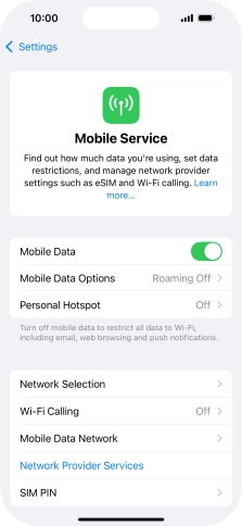 Press the indicator next to 'Mobile Data' to turn the function on or off.