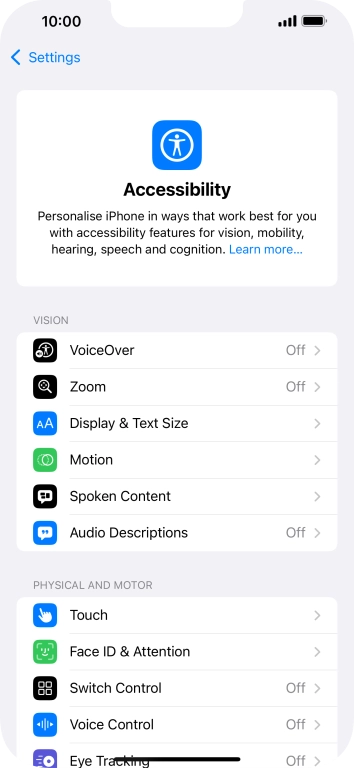Press the required category below 'VISION' and follow the instructions on the screen to select the required settings.