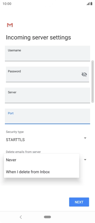 Press Never to keep emails on the server when you delete them on your phone. Press Never to keep emails on the server when you delete them on your phone.