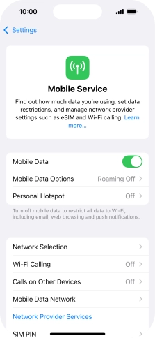 Press the indicator next to 'Mobile Data' to turn the function on or off.