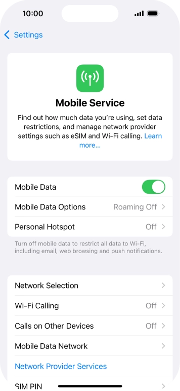 Press the indicator next to 'Mobile Data' to turn the function on or off.