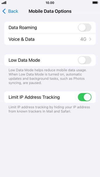 Press the indicator next to 'Low Data Mode'. Press the indicator next to 'Low Data Mode'.