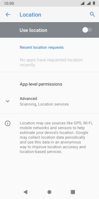 Press the indicator next to 'Use location' to turn the function on or off. Press the indicator next to 'Use location' to turn the function on or off.