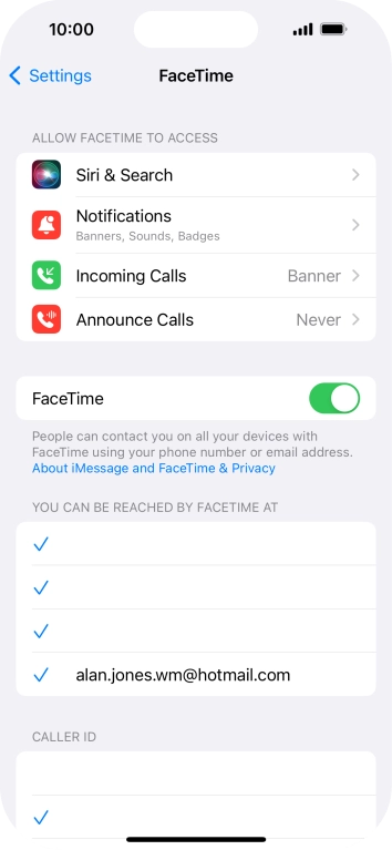 Press the indicator next to 'FaceTime' to turn the function on or off. Press the indicator next to 'FaceTime' to turn the function on or off.