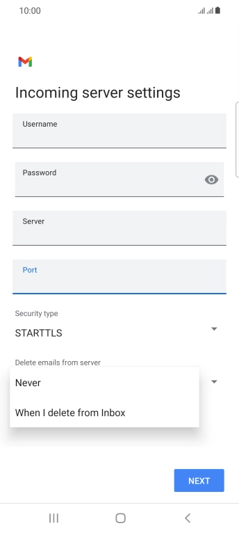 Press Never to keep emails on the server when you delete them on your phone. Press Never to keep emails on the server when you delete them on your phone.