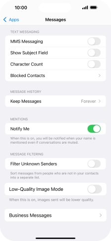 Press the indicator next to 'MMS Messaging' to turn on the function.