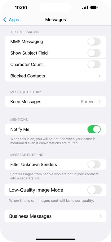 Press the indicator next to 'MMS Messaging' to turn on the function.