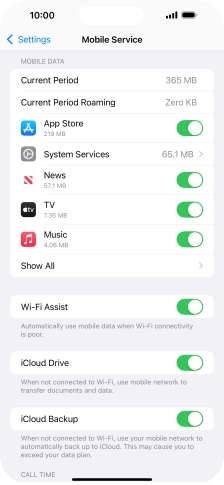 Press the indicators next to the required applications to turn the function on or off.