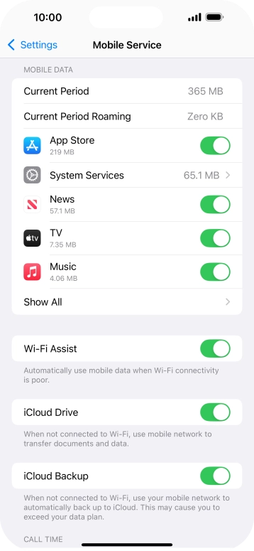 Press the indicators next to the required applications to turn the function on or off.