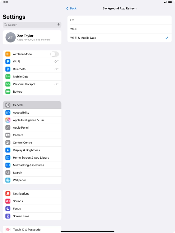 To turn off background refresh of apps, press Off. To turn off background refresh of apps, press Off.