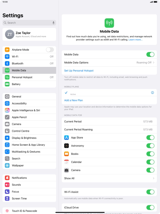 Press the indicator next to 'Mobile Data' to turn the function on or off. Press the indicator next to 'Mobile Data' to turn the function on or off.