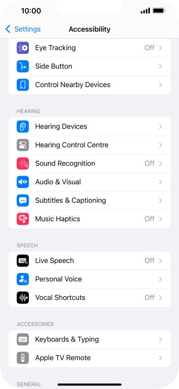 Press the required category below 'HEARING' and follow the instructions on the screen to select the required settings.