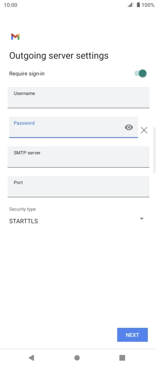 Press the field below 'SMTP server' and key in the name of your email provider's outgoing server. Press the field below 'SMTP server' and key in the name of your email provider's outgoing server.