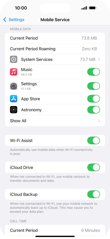 Press the indicators next to the required applications to turn the function on or off.
