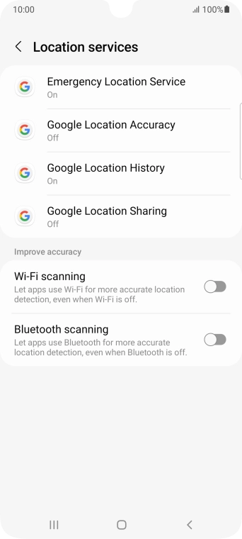 Press Google Location Accuracy. Press Google Location Accuracy.