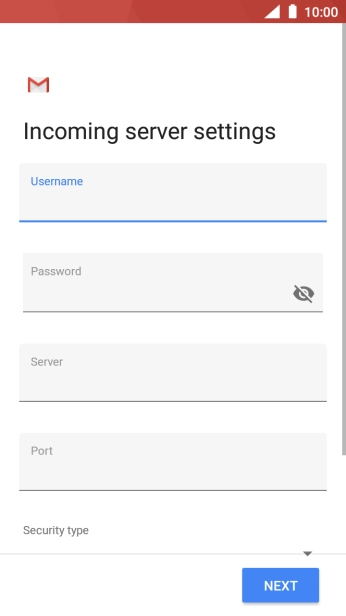 Press the field below 'Server' and key in the name of your email provider's incoming server. Press the field below 'Server' and key in the name of your email provider's incoming server.