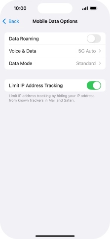 Press the indicator next to 'Data Roaming' to turn the function on or off.