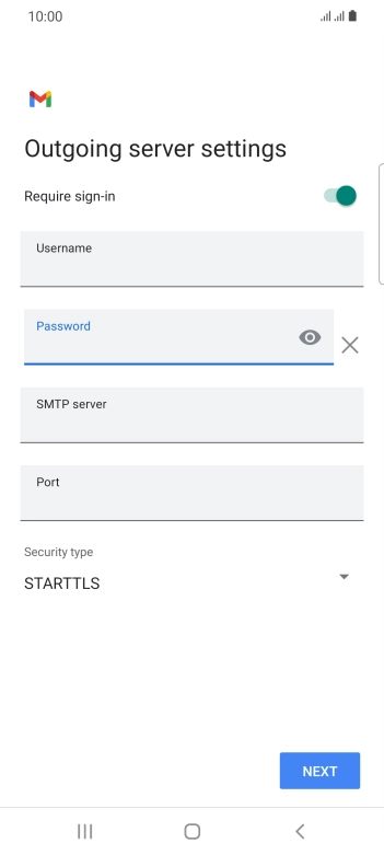 Press the field below 'SMTP server' and key in the name of your email provider's outgoing server. Press the field below 'SMTP server' and key in the name of your email provider's outgoing server.