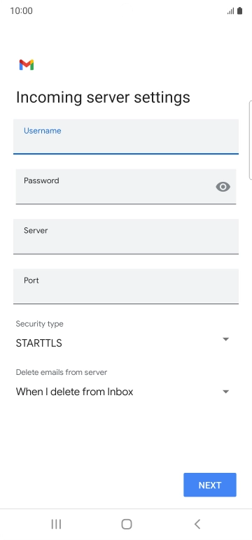 Press the field below 'Server' and key in the name of your email provider's incoming server. Press the field below 'Server' and key in the name of your email provider's incoming server.