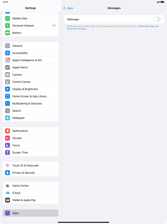 Press the indicator next to 'iMessage' to turn on the function.