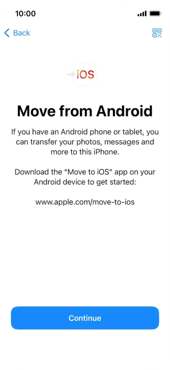 To transfer content to your phone, you need to install the app 'Move to iOS' on the Android phone. When the app is installed, press Continue.