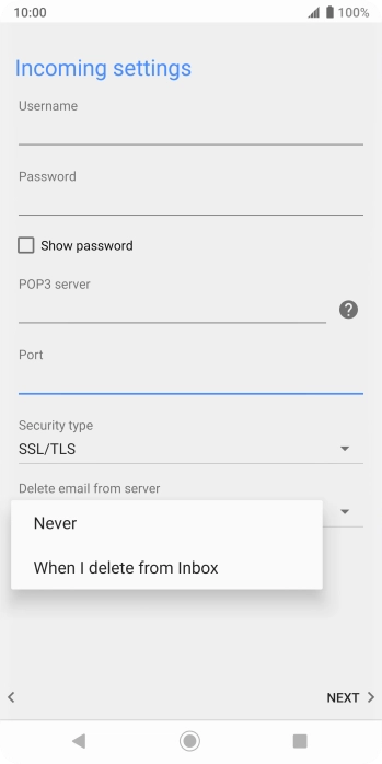 Press Never to keep emails on the server when you delete them on your phone. Press Never to keep emails on the server when you delete them on your phone.