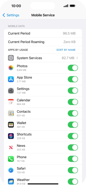 Press the indicators next to the required applications to turn the function on or off.