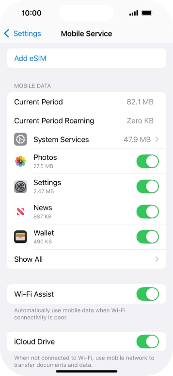 Press the indicators next to the required applications to turn the function on or off.
