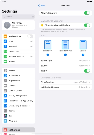Press the indicator next to 'Allow Notifications' to turn notifications for the selected application on or off.