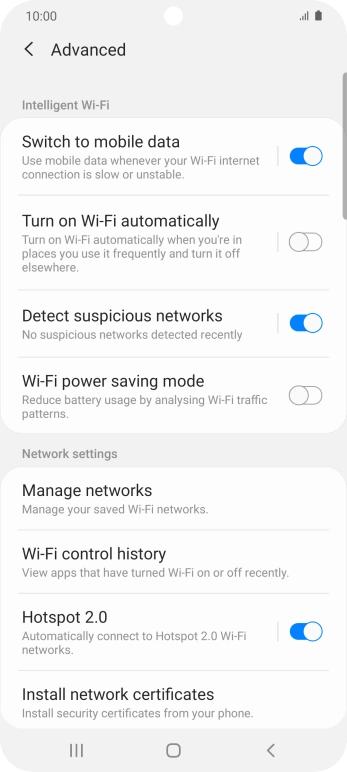 Press the indicator next to 'Switch to mobile data' to turn the function on or off. Press the indicator next to 'Switch to mobile data' to turn the function on or off.