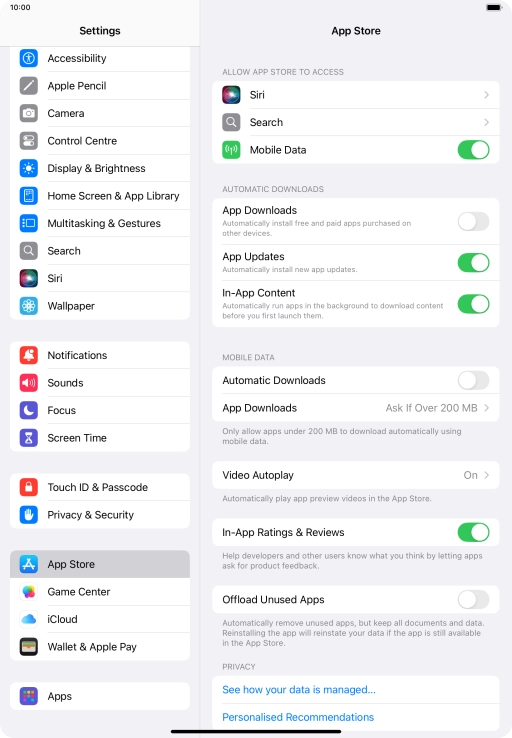 Press the indicator next to 'App Downloads' to turn the function on or off. Press the indicator next to 'App Downloads' to turn the function on or off.