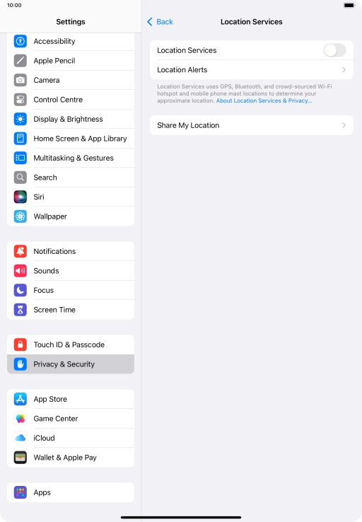 Press the indicator next to 'Location Services' to turn the function on or off. Press the indicator next to 'Location Services' to turn the function on or off.