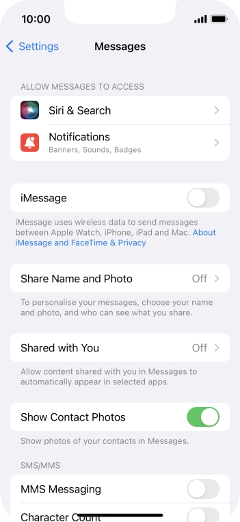 Press the indicator next to 'iMessage' to turn on the function.