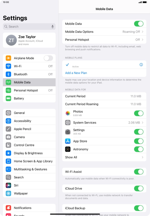 Press the indicator next to 'Mobile Data' to turn the function on or off. Press the indicator next to 'Mobile Data' to turn the function on or off.