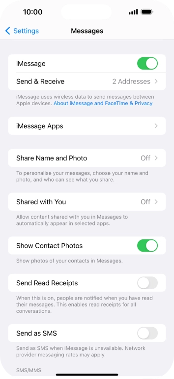 Press the indicator next to 'Send as SMS' to turn the function on or off.