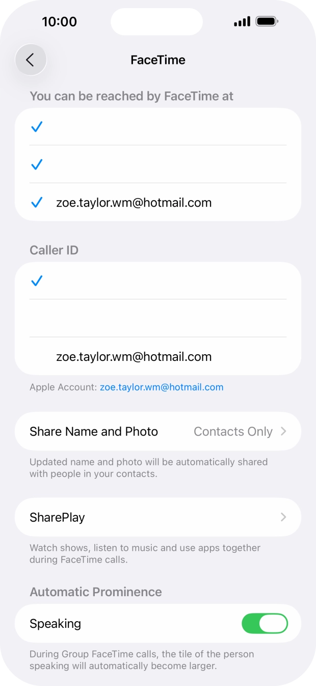 Press the required setting below 'You can be reached by FaceTime at'.