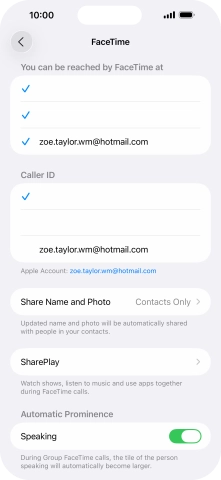 Press the required setting below 'You can be reached by FaceTime at'. Press the required setting below 'You can be reached by FaceTime at'.