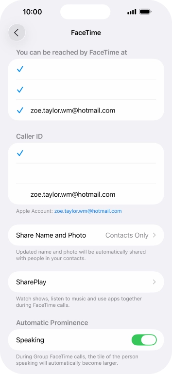 Press the required setting below 'You can be reached by FaceTime at'. Press the required setting below 'You can be reached by FaceTime at'.