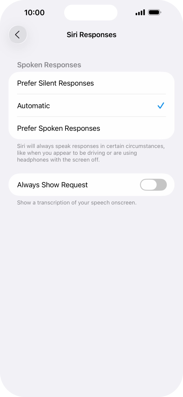 Press the required setting.