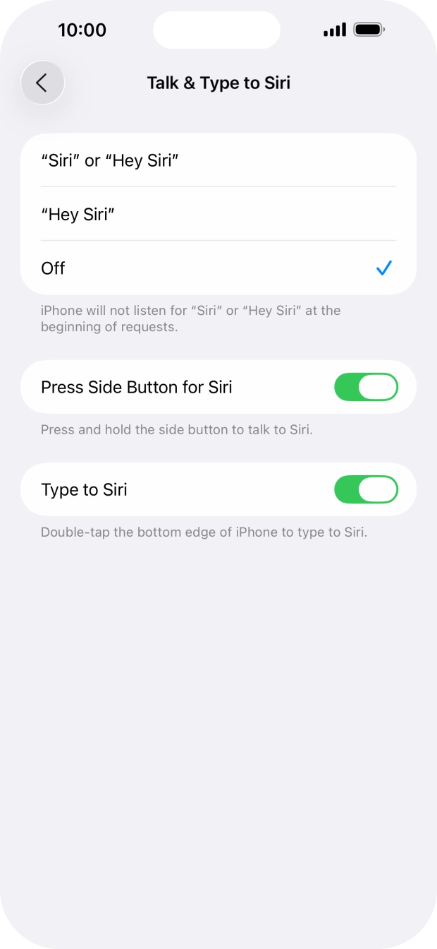 Press the required setting to turn the function on or off. If you turn on the function, you need to follow the instructions on the screen to set up Siri to recognise your voice.