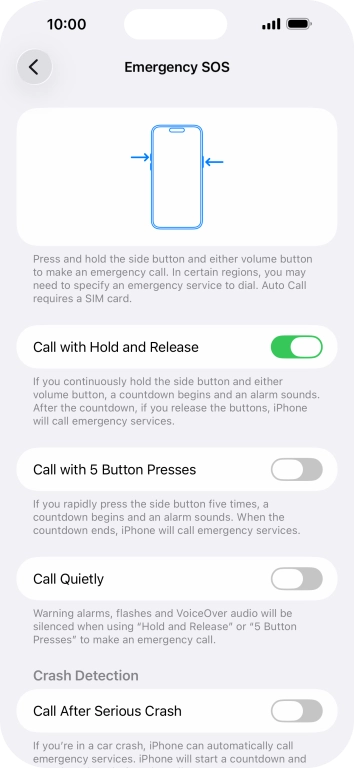Press the indicator next to 'Call After Serious Crash' to turn on the function.