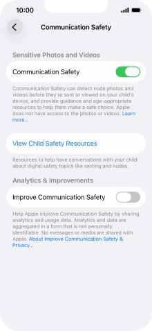 Press the indicator next to 'Communication Safety' to turn the function on or off. Press the indicator next to 'Communication Safety' to turn the function on or off.