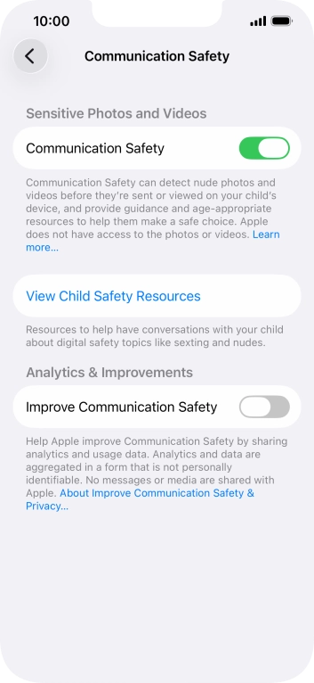 Press the indicator next to 'Communication Safety' to turn the function on or off. Press the indicator next to 'Communication Safety' to turn the function on or off.