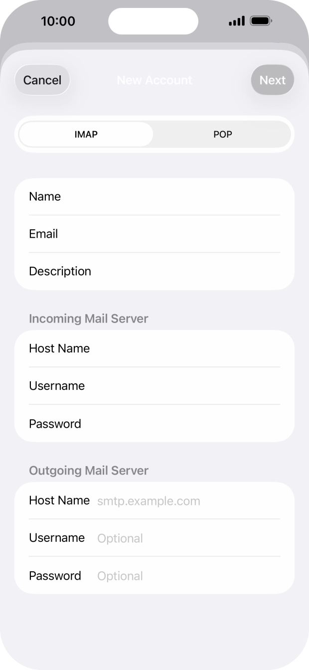 Press Host Name and key in the name of your email provider's outgoing server. Press Host Name and key in the name of your email provider's outgoing server.