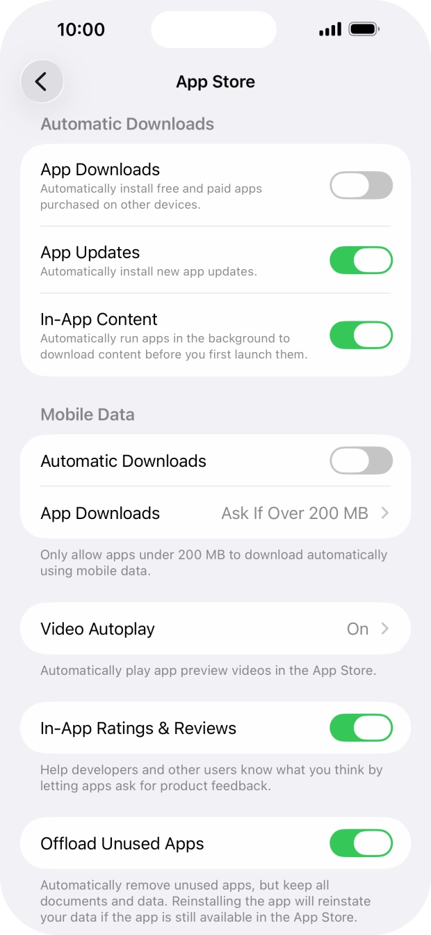 Press the indicator next to 'App Updates' to turn the function on or off. Press the indicator next to 'App Updates' to turn the function on or off.