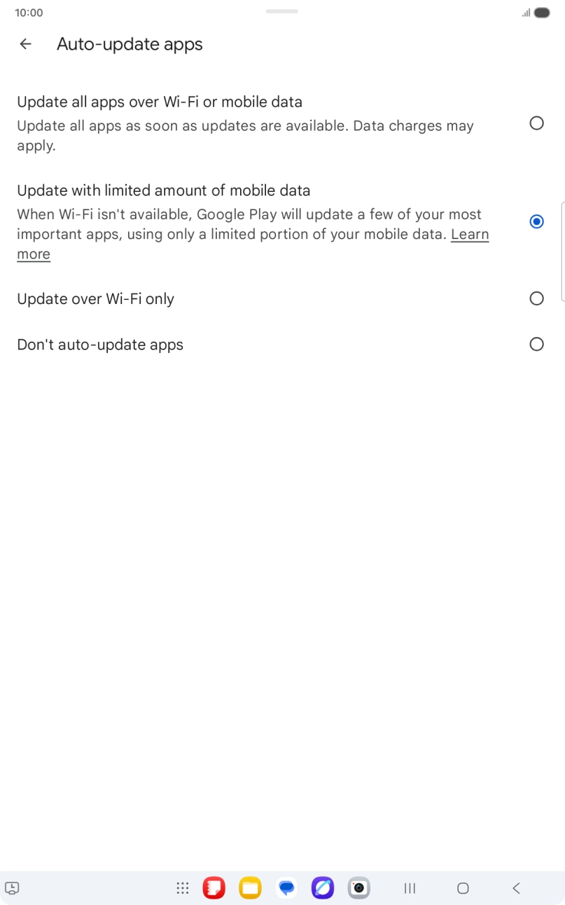 To turn on automatic update of apps using mobile network, press Update all apps over Wi-Fi or mobile data.