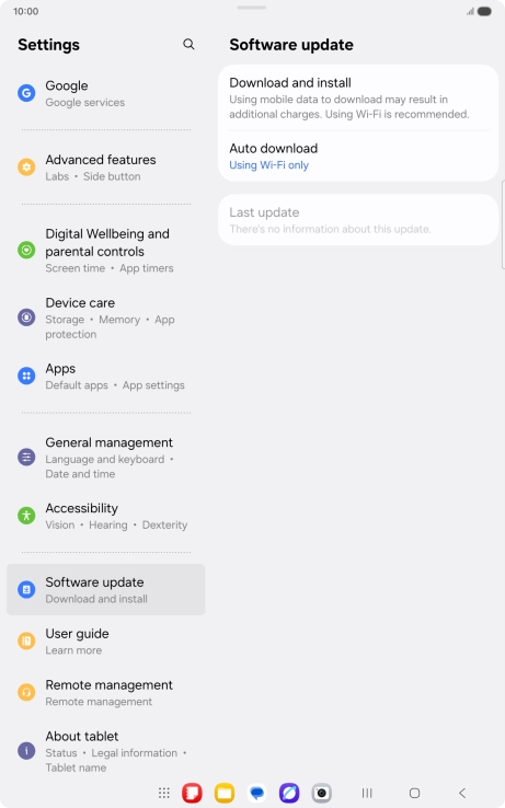 Press Download and install. If a new software version is available, it's displayed. Follow the instructions on the screen to update the tablet software. Press Download and install. If a new software version is available, it's displayed. Follow the instructions on the screen to update the tablet software.