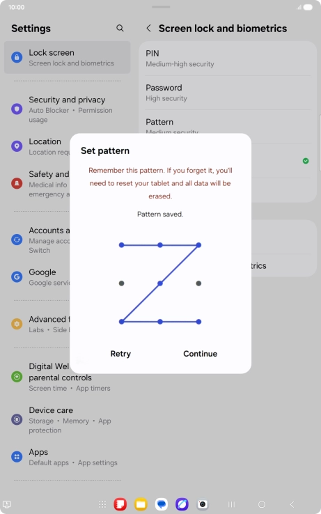 Slide your finger across the screen to connect at least four points and press Continue.